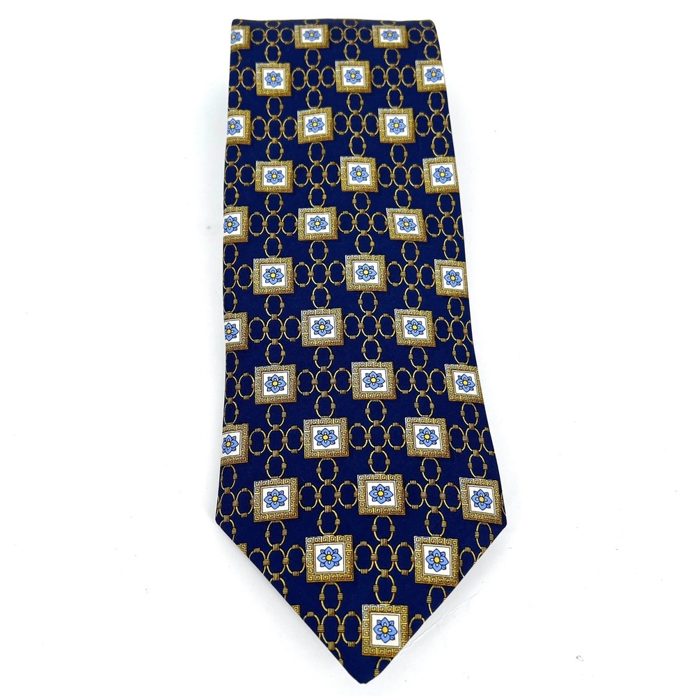 Christian Dior Silk Necktie Mens Navy Blue Gold Floral Chain Link 90s Y2K